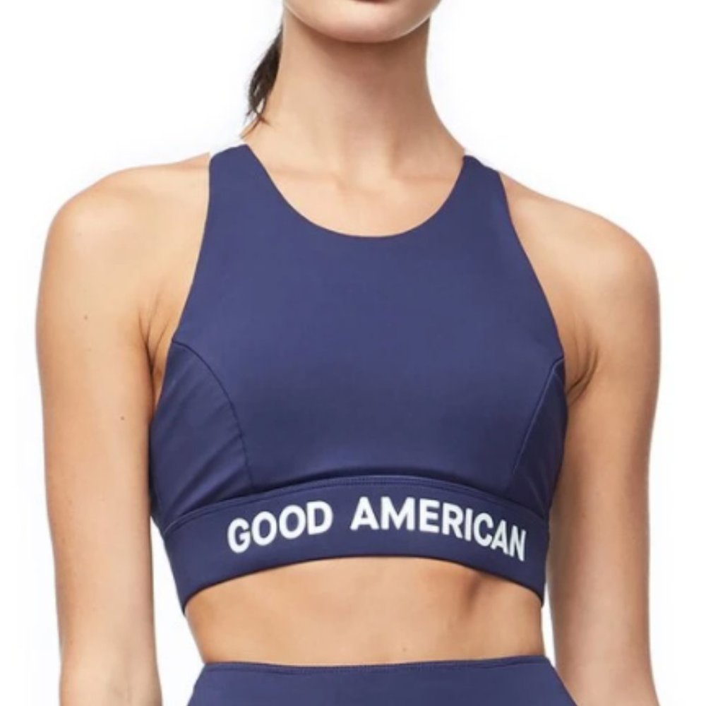 Good American Core Power Logo Compression Sports Bra Navy White XS NWT